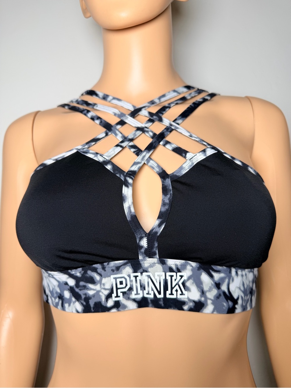 PINK Victoria's Secret Strappy Black Grey Tie-Dye Sports Bra Small white workout